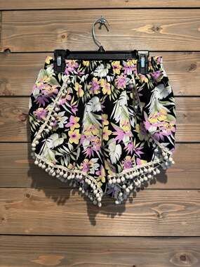 Shosha Tropical Floral Print Pom Pom Trim Shorts small